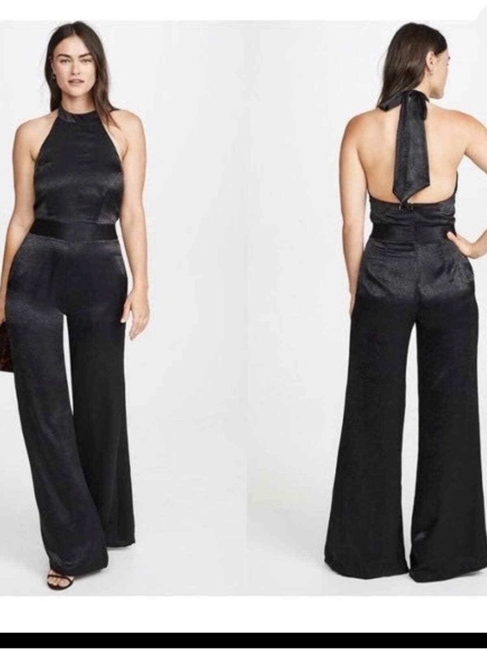 Misa Los Angeles Black Halter Tie-Back Wide-Leg Jumpsuit